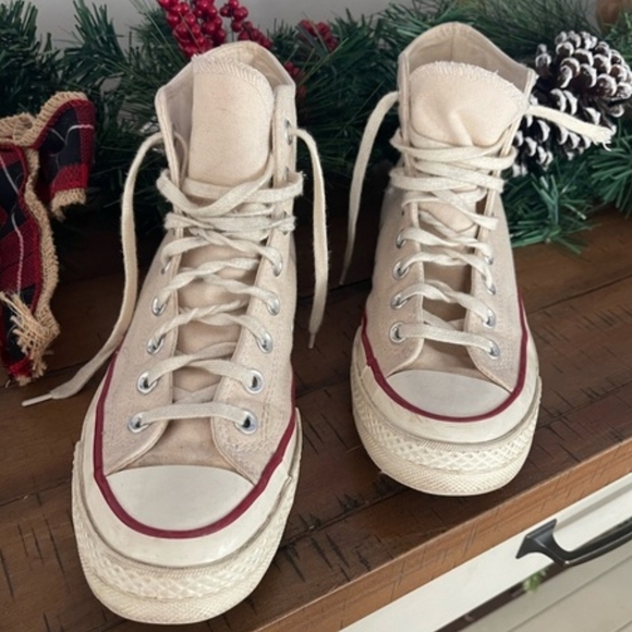 Converse Shoes - Converse High-Top Canvas Sneakers in Beige with Red Accent